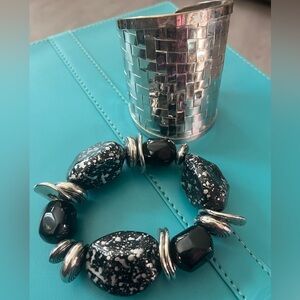 Black and Silver Beaded Bracelet and Silver tone Cuff.